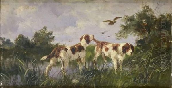 Chiens De Chasse Au Bord De L'etang Oil Painting by Eugene Galien-Laloue