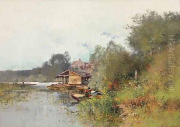 L'embarcadere Au Bord Du Loing Oil Painting by Eugene Galien-Laloue