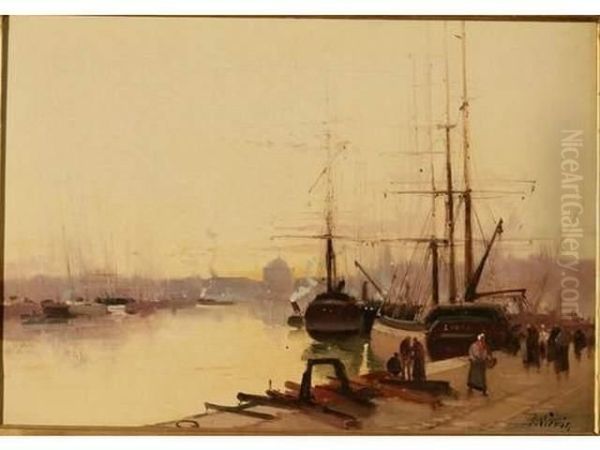 Bateaux A Quai Oil Painting by Eugene Galien-Laloue