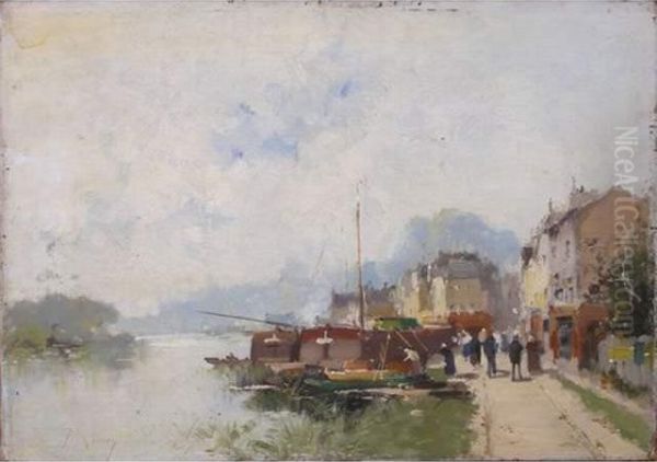 Peniche En Bord De Seine Oil Painting by Eugene Galien-Laloue