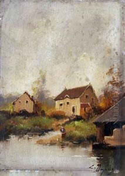 Lavandiere Pres D'un Etang Oil Painting by Eugene Galien-Laloue