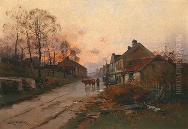 French Village Street At Sunset Oil Painting by Eugene Galien-Laloue