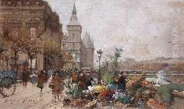 Marche Aux Fleurs Oil Painting by Eugene Galien-Laloue