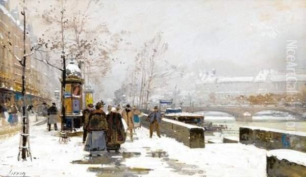 Paris, Les Quais Sous La Neige Oil Painting by Eugene Galien-Laloue