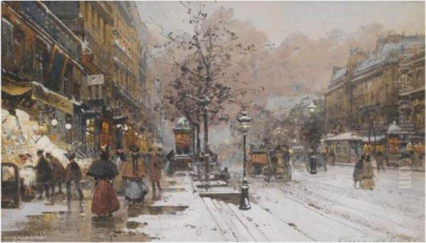 Les Grands Boulevards A Paris Oil Painting by Eugene Galien-Laloue