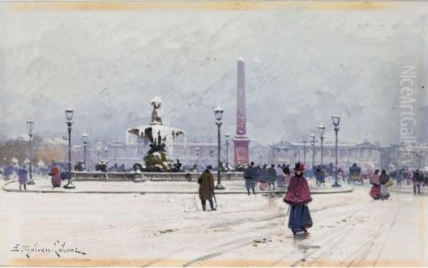 La Place De La Concorde Sous La Neige A Paris Oil Painting by Eugene Galien-Laloue