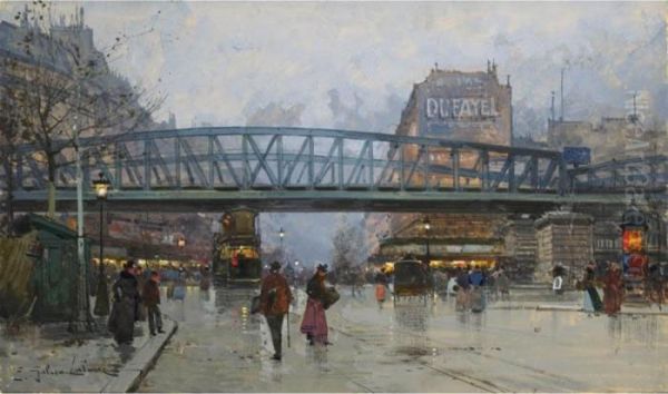 Paris, Le Boulevard De La Chapelle Et Le Metro Aerien Oil Painting by Eugene Galien-Laloue