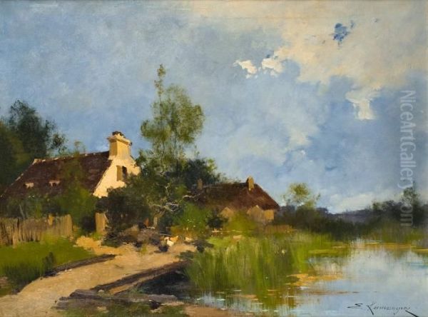 La Maison Pres De La Mare Oil Painting by Eugene Galien-Laloue