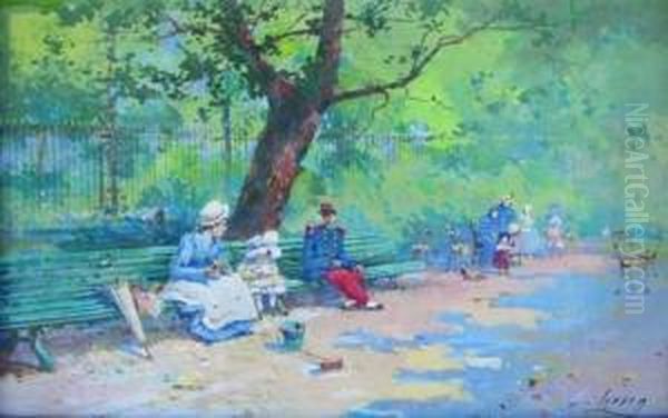 Au Parc Monceau Oil Painting by Eugene Galien-Laloue