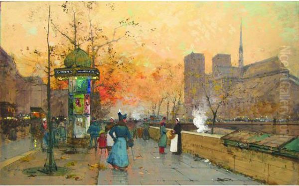 Animation Quai De Montebello, Pres De Notre Dame, Gouache Oil Painting by Eugene Galien-Laloue