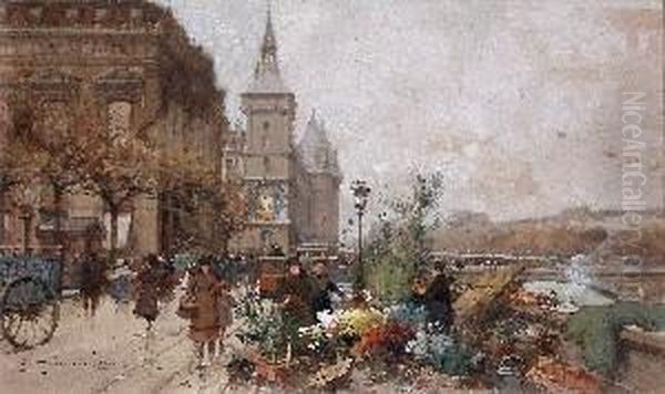 Marche Auxfleurs, La Conciergerie Oil Painting by Eugene Galien-Laloue