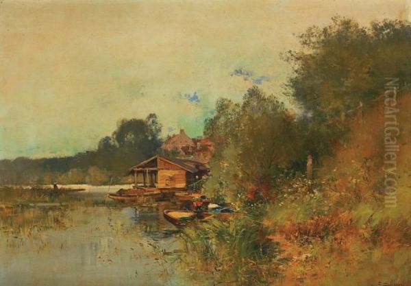 Barques En Bords De Riviere Oil Painting by Eugene Galien-Laloue