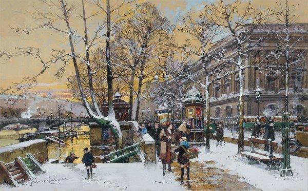 Effet De Neige Au Quai Du Louvre Oil Painting by Eugene Galien-Laloue