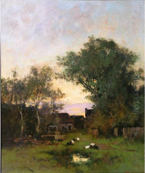 Coucher De Soleil Sur La Ferme Oil Painting by Eugene Galien-Laloue