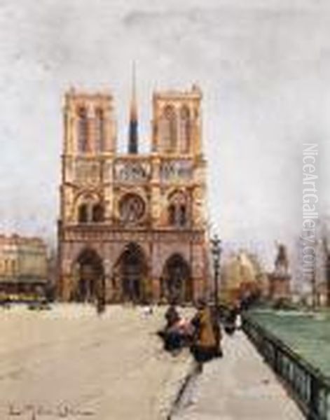 Flower Sellers At Notre Dame, Paris Oil Painting by Eugene Galien-Laloue