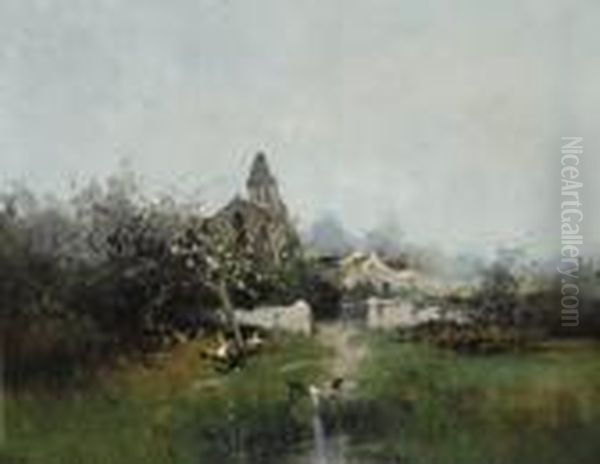 Village Church With A Duck Pond Oil Painting by Eugene Galien-Laloue