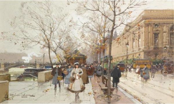 Les Quais Du Louvre Oil Painting by Eugene Galien-Laloue