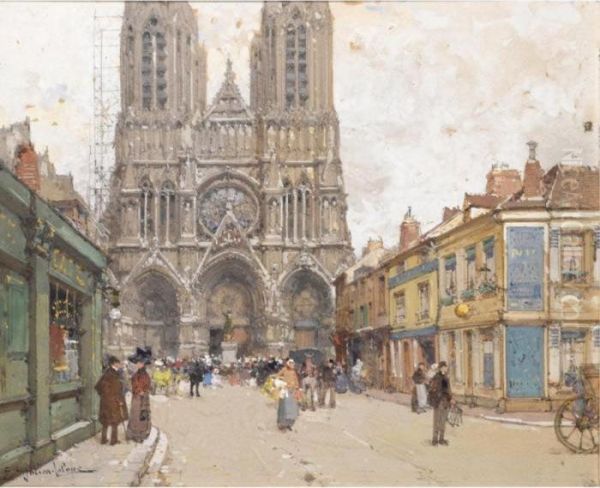 La Cathedrale De Reims Oil Painting by Eugene Galien-Laloue