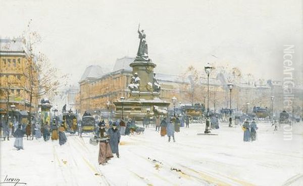 Winteransicht Der Place De La Republique In Paris Oil Painting by Eugene Galien-Laloue