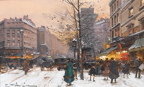 La Porte Saint-martin En Hiver, Paris Oil Painting by Eugene Galien-Laloue