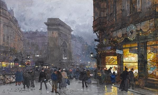 La Porte Saint-denis Le Soir, Paris Oil Painting by Eugene Galien-Laloue