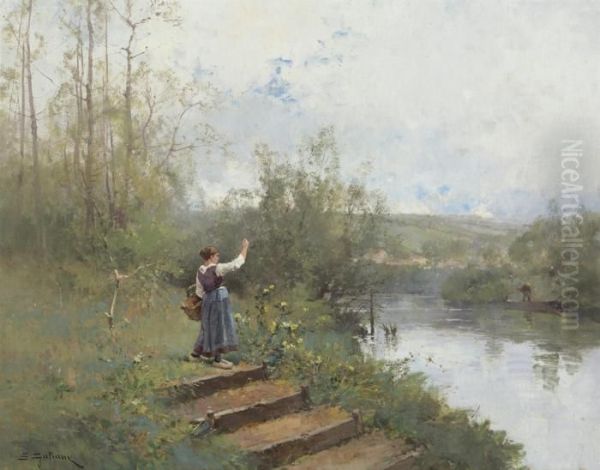 Paysanne Au Bord De La Riviere Oil Painting by Eugene Galien-Laloue