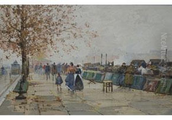 Les Quais A Paris Oil Painting by Eugene Galien-Laloue