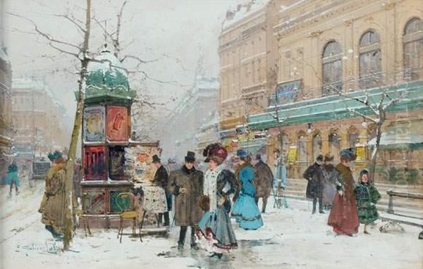 Les Grands Boulevards Sous La Neige Oil Painting by Eugene Galien-Laloue