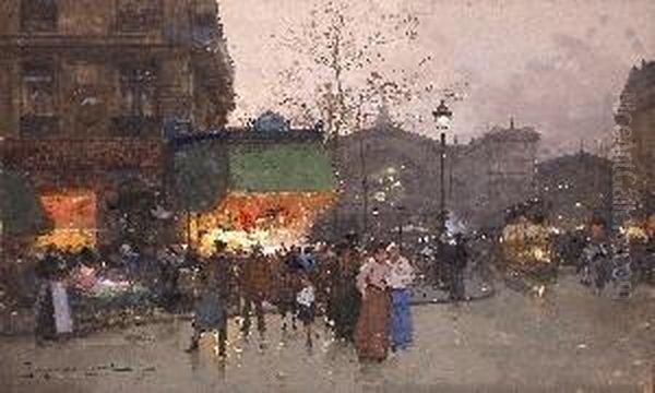 Le Bazar Pres De La Gare Del'est. Oil Painting by Eugene Galien-Laloue