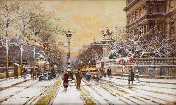 Quais De L'hotel De Ville Effet De Neige Le Soir Oil Painting by Eugene Galien-Laloue