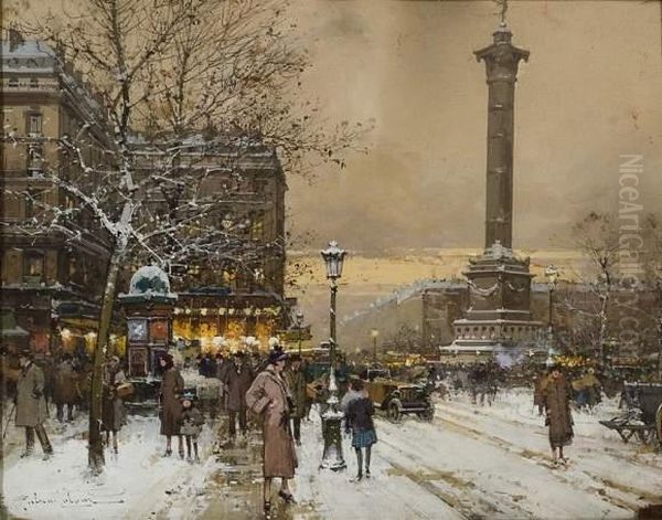 La Place De La Bastille Un Soir D'hiver. Oil Painting by Eugene Galien-Laloue