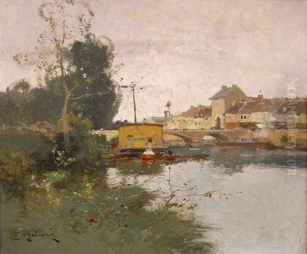 Les Bateaux Lavoirs A Montigny Sur Loing Oil Painting by Eugene Galien-Laloue