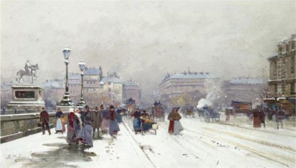 Animation Sur Le Pont Neuf Sous La Neige Oil Painting by Eugene Galien-Laloue