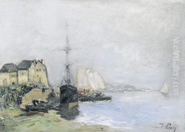 Hauser An Kustenpartie Mit Segelbooten. Oil Painting by Eugene Galien-Laloue