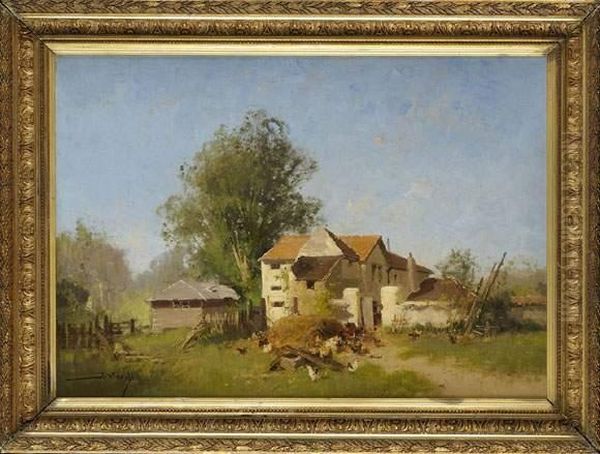 La Basse Cour Devant La Ferme Oil Painting by Eugene Galien-Laloue