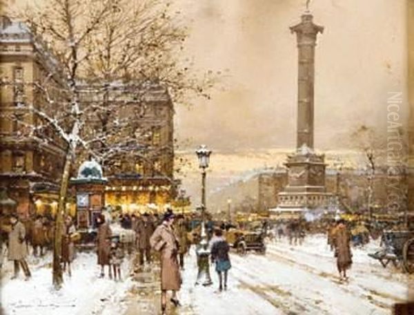 La Place De La Bastille Sous La Neige Oil Painting by Eugene Galien-Laloue