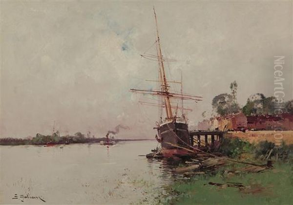 A River In France Oil Painting by Eugene Galien-Laloue