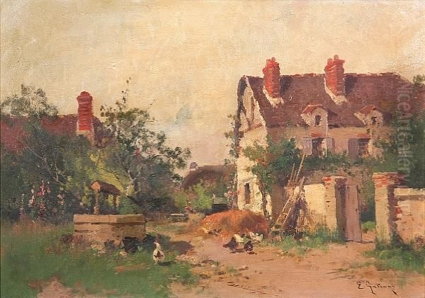 A Village Scene With Chickens By A Well Oil Painting by Eugene Galien-Laloue