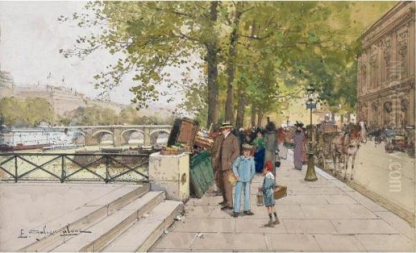 Book Vendors Along The Quais Of The Seine, Paris Oil Painting by Eugene Galien-Laloue