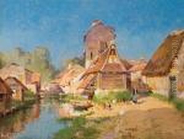 Village By The River Oil Painting by Eugene Galien-Laloue