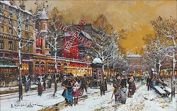 Le Moulin Rouge Sous La Neige Oil Painting by Eugene Galien-Laloue