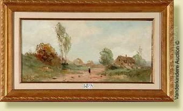 Paysage Anime A Geneviller-sur-seine Oil Painting by Eugene Galien-Laloue