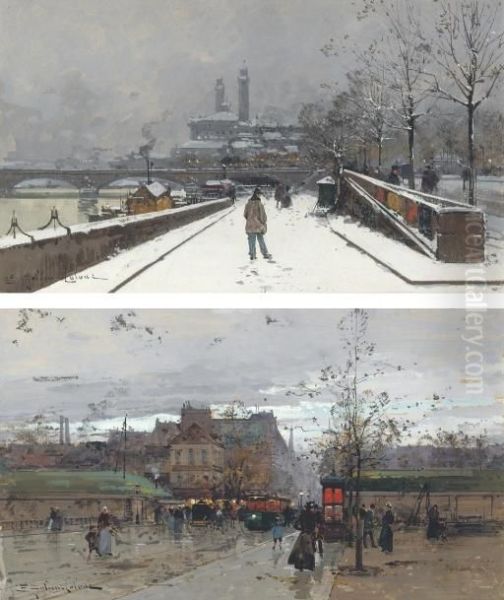 Porte De Chatillon; And La Berge Au Quai Debilly Oil Painting by Eugene Galien-Laloue