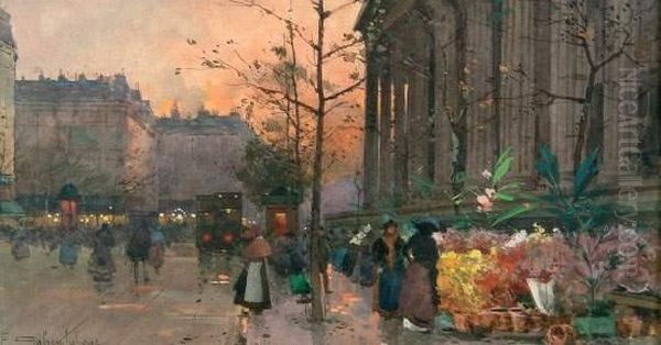 Le Marche Aux Fleurs A La Madeleine Oil Painting by Eugene Galien-Laloue