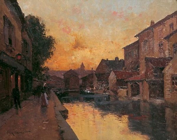 Bord De Canal Anime Oil Painting by Eugene Galien-Laloue