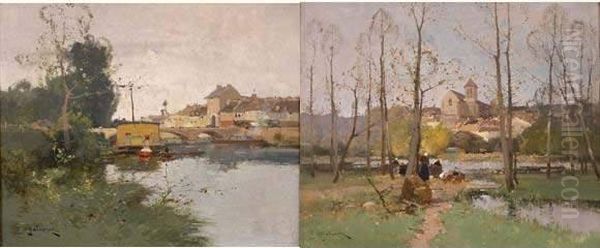  Bords Du Loing Aux Environs De Moret > Et < Bateaux Lavoirs Au Bord Du Loing  Oil Painting by Eugene Galien-Laloue