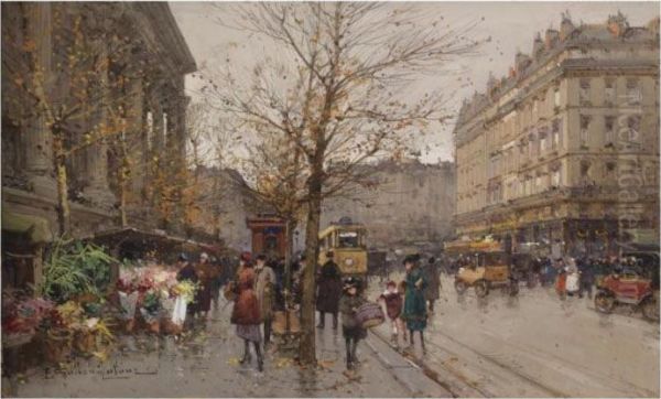 Marche Aux Fleurs A La Madeleine Oil Painting by Eugene Galien-Laloue