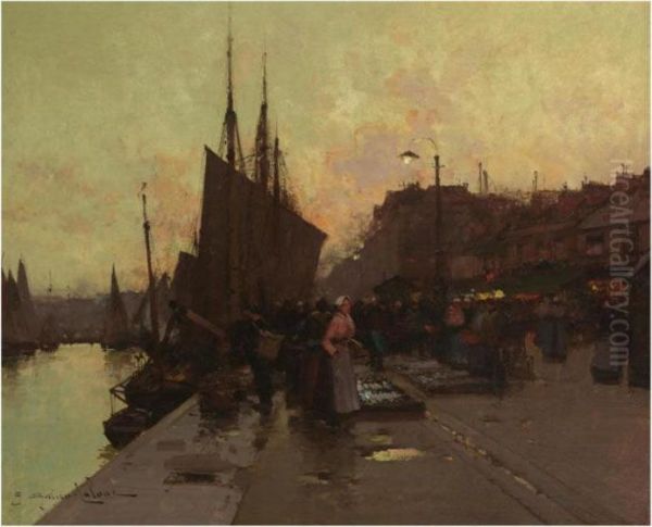 Port En Bretagne Oil Painting by Eugene Galien-Laloue