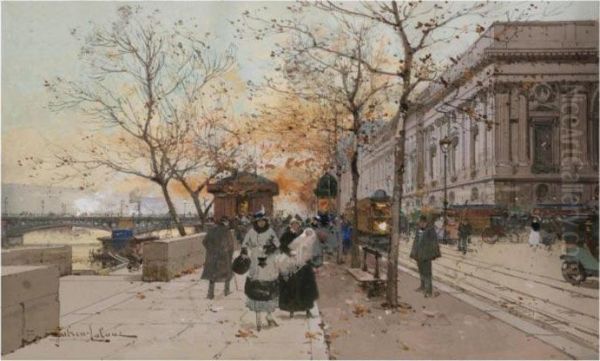 Le Quai Du Louvre Oil Painting by Eugene Galien-Laloue