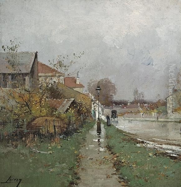 A Village Street Under Somber Skies Oil Painting by Eugene Galien-Laloue